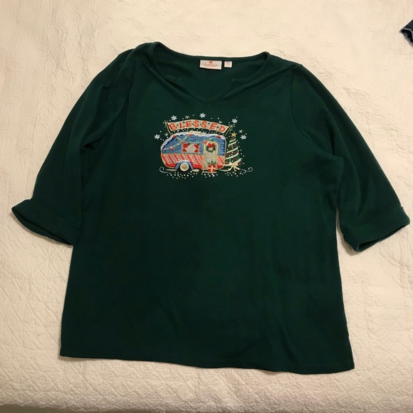 QF forest green 3/4 sleeve top with holiday camper — sparkly! (XL) - Picture 4 of 16